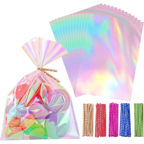 160PCS Iridescent Cellophane Treat Bags with Ties 5x7 Inch Plastic Clear Party Favor Bags Easter Gift Bag for Candies Cookies Baby Showers Weddings Birthday Party Gifts