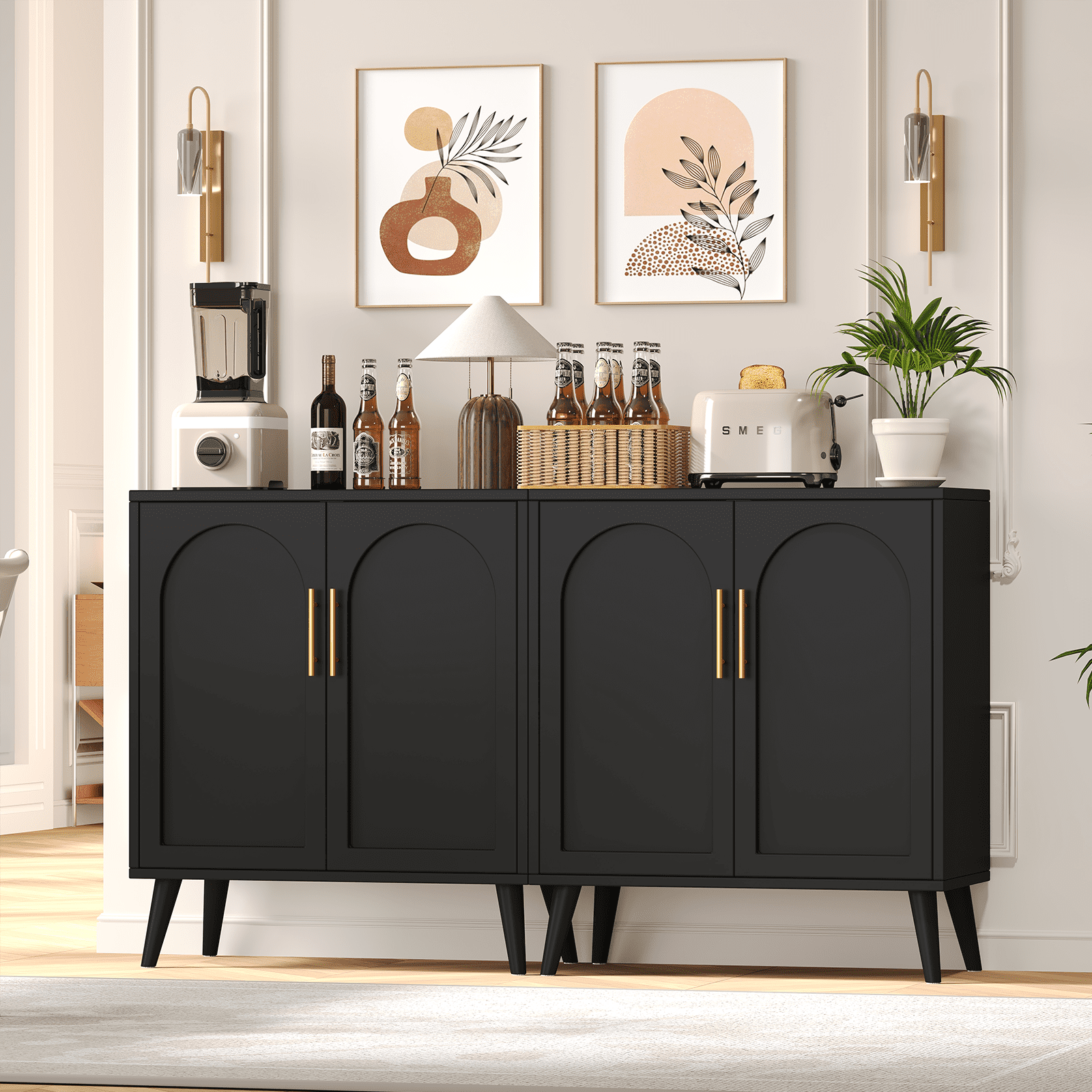 Rovaurx Set of 2 Storage Cabinet with 4 Doors, Accent Bathroom Floor Cabinet, Modern Sideboard Buffet Cabinet for Living Room, Entryway, Dining Room and Kitchen, Black