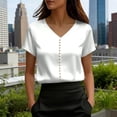 thumbnail image 2 of JGGSPWM Women Short Sleeve Satin Tops Summer Elegant V Neck Pearl-Button Down Shirts Dressy Casual Work Offices Blouses White XL, 2 of 5