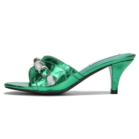 

Cape Robbin Cameli Green Stud Detail Kitten Heel Slip On Open Rounded Toe Pumps (Green 9)