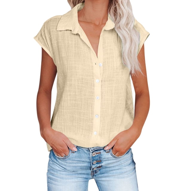 Qucoqpe - Blusas de verano para mujer, tallas grandes, manga corta, botones, cuello en V, moda informal, lisas, holgadas, de lino y algodón, en oferta
