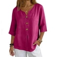 thumbnail image 3 of Nestiefly 3/4 Length Sleeve Womens Tops Cotton Linen V Neck T Shirts Summer Beach Casual Boho Three Quarter Sleeve Tops Hot Pink XL, 3 of 8