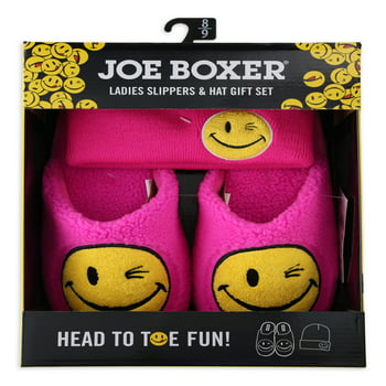 Joe Boxer Women's Smiley Face Slipper & Hat Gift Set