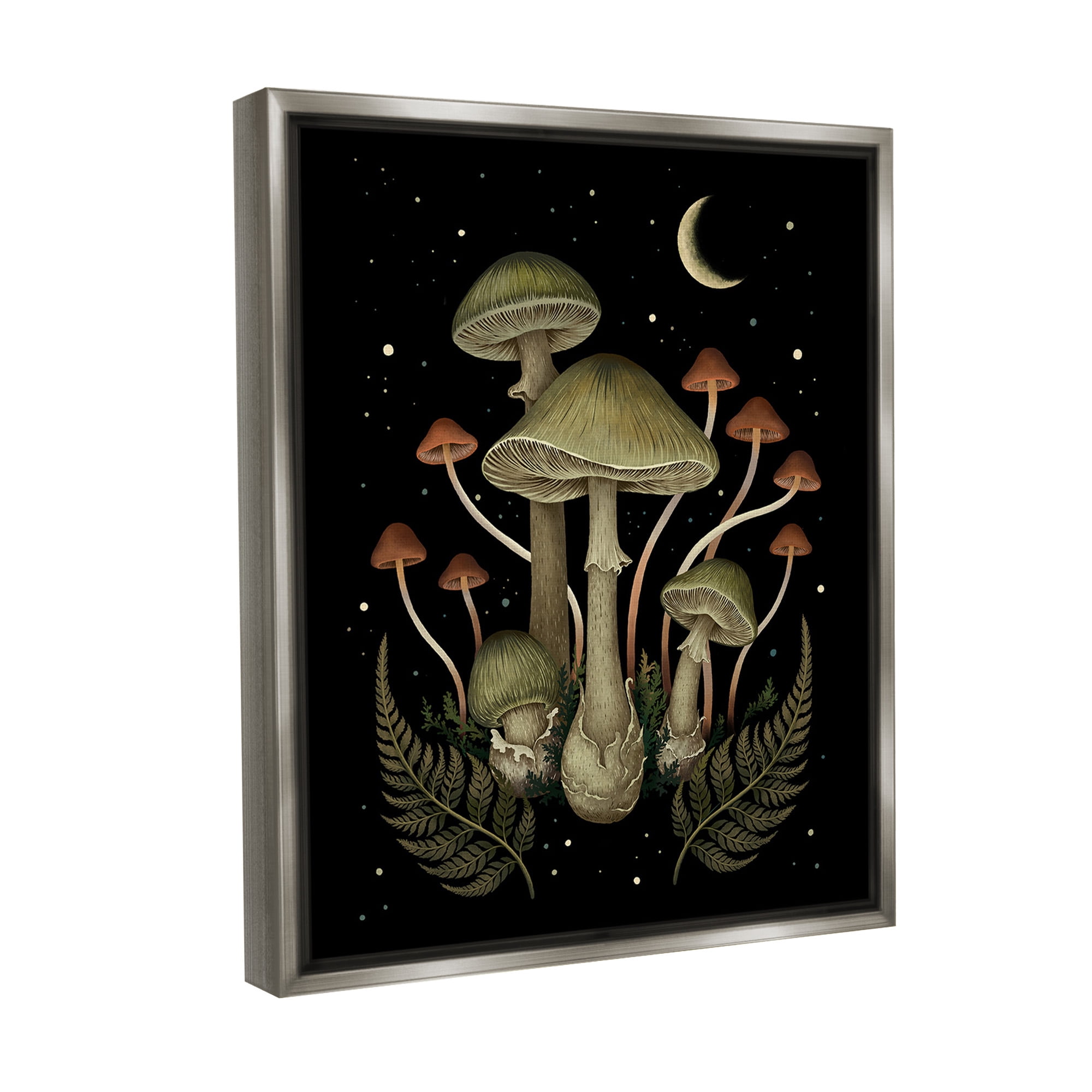 Stupell Industries Night Mushrooms & Ferns Botanical & Floral Painting Gray Floater Framed Canvas Art Print Wall Art, 17 x 21