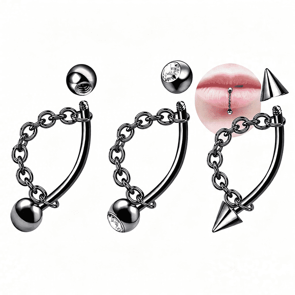 DESIGNICE 3Pcs Lip Piercing Jewelry 316L16G Snake Bite, Eyebrow Rings Tragus Helix Rook Piercing Jewelry with Chain, Stainless Steel Cartilage Earrings, Belly Button Ring Vertical Labret Lip Piercing
