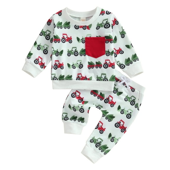 Elippeo Toddler Boys Girls Christmas Outfits 3M 6M 12M 18M 24M 3Y Truck Christmas Tree Print Long Sleeve Sweatshirts and Long Pants 2Pcs Fall Clothes Set
