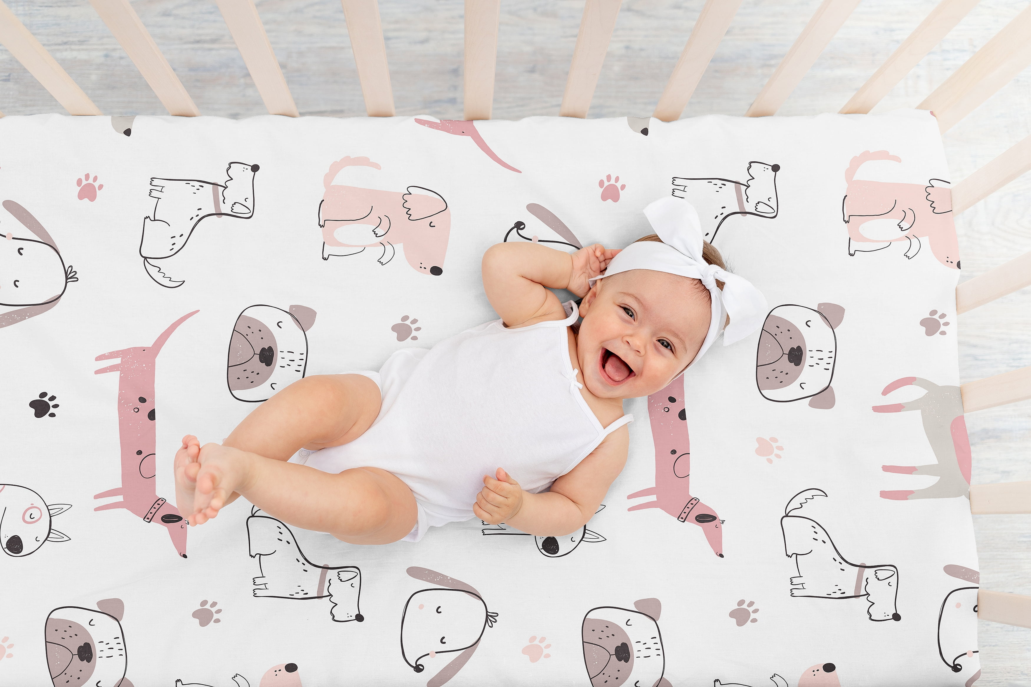 Sweet Jojo Designs Cartoon Puppy Dog White and Pink Girl Fitted Crib Sheet