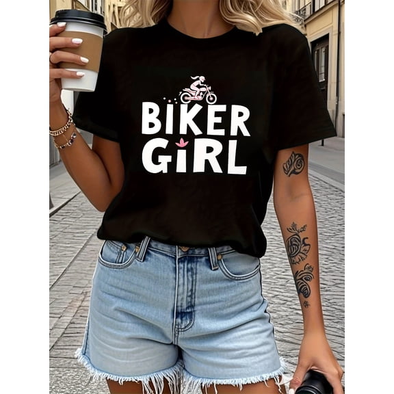 Biker Girl Graphic Womens Black Short Sleeve T shirt for Motorcycle Enthusiasts Tee