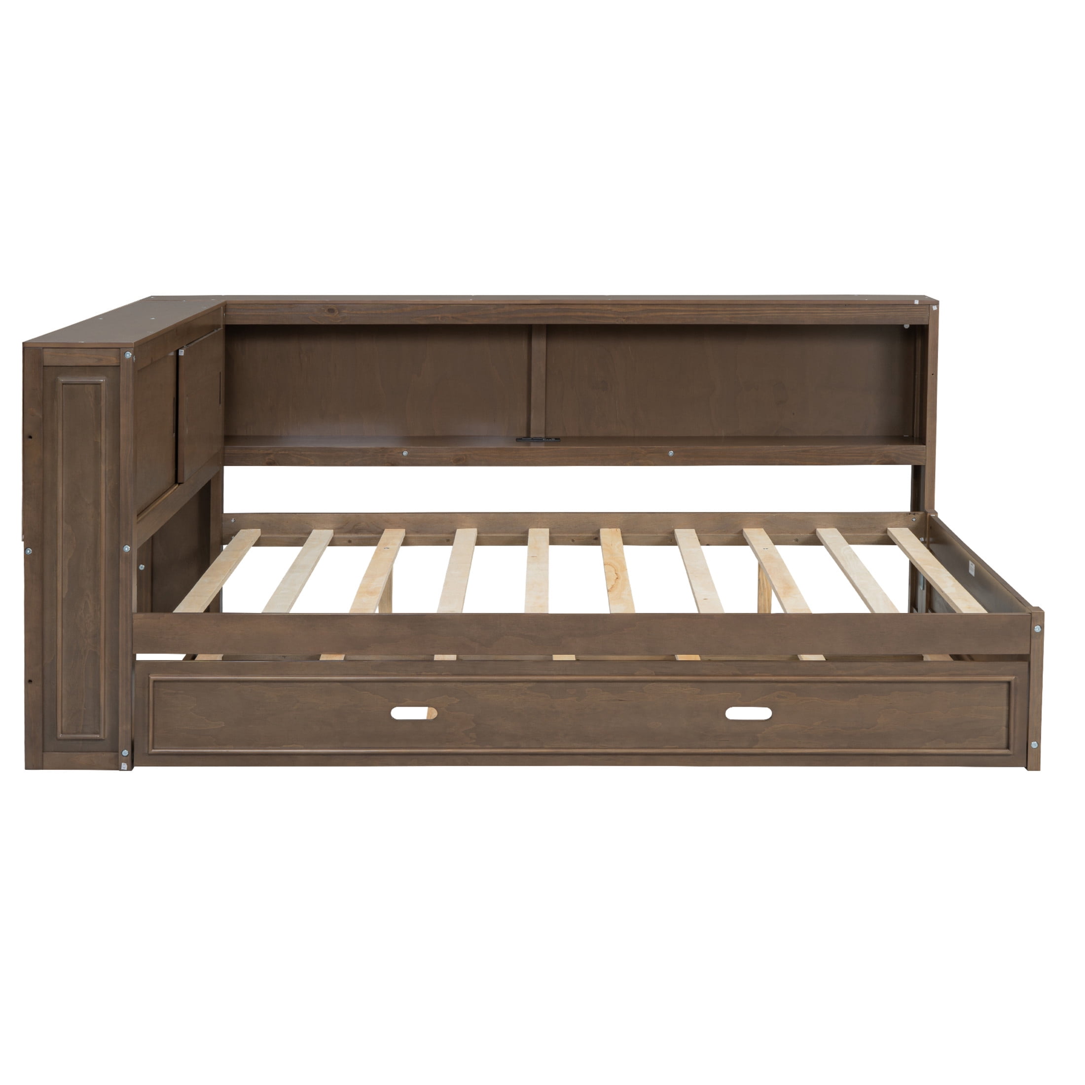 Noble House Sheila Full Wood Daybed with Trundle and LED Lighting, Storage Shelves, USB Charging Port, Antique Wood