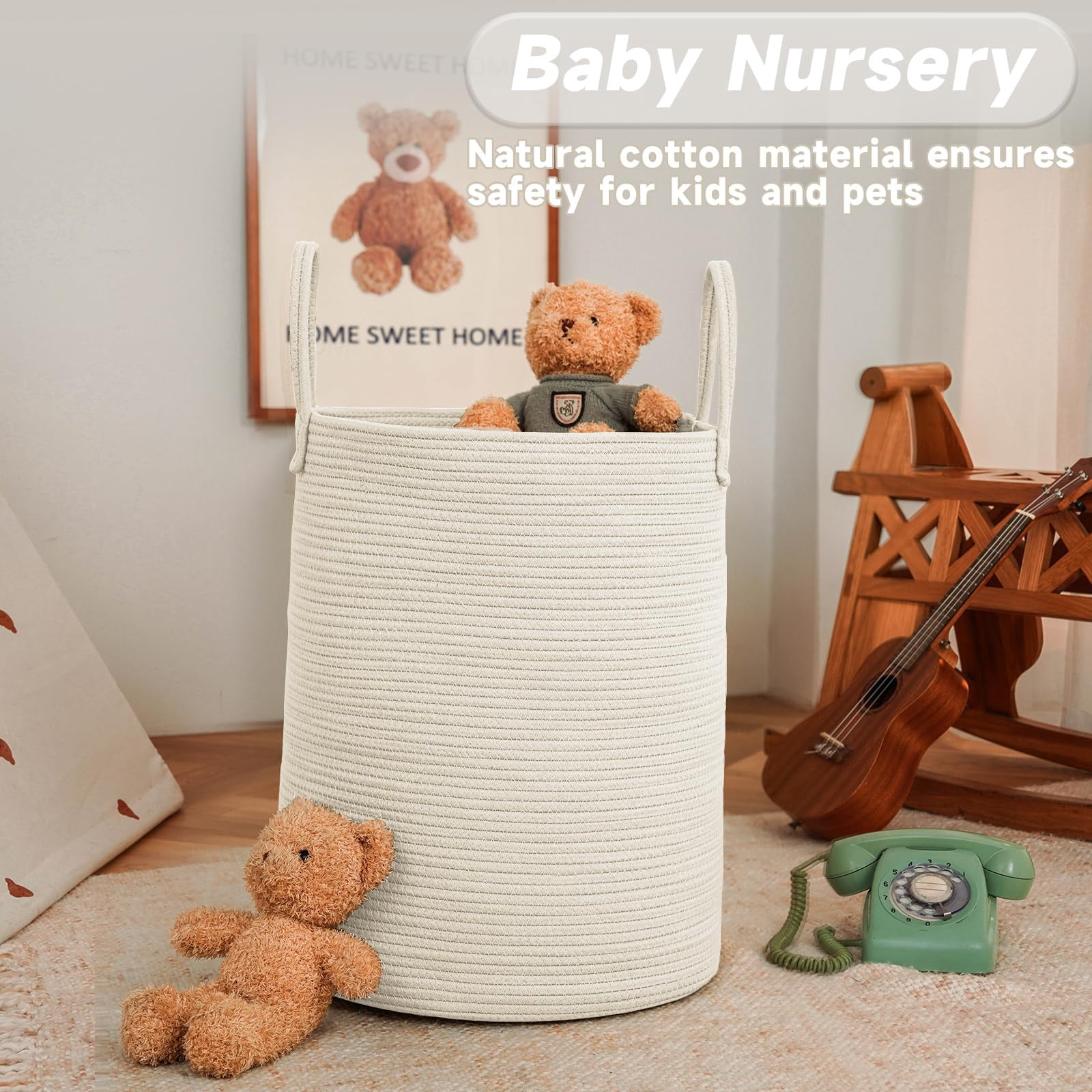 Large Woven Laundry Basket Hamper,60L Cotton Rope Storage Bin for Blankets,Toys and Clothes,Decorative Tall Nursery Hamper for Living Room,Baby Nursery,Bathroom and Bedroom