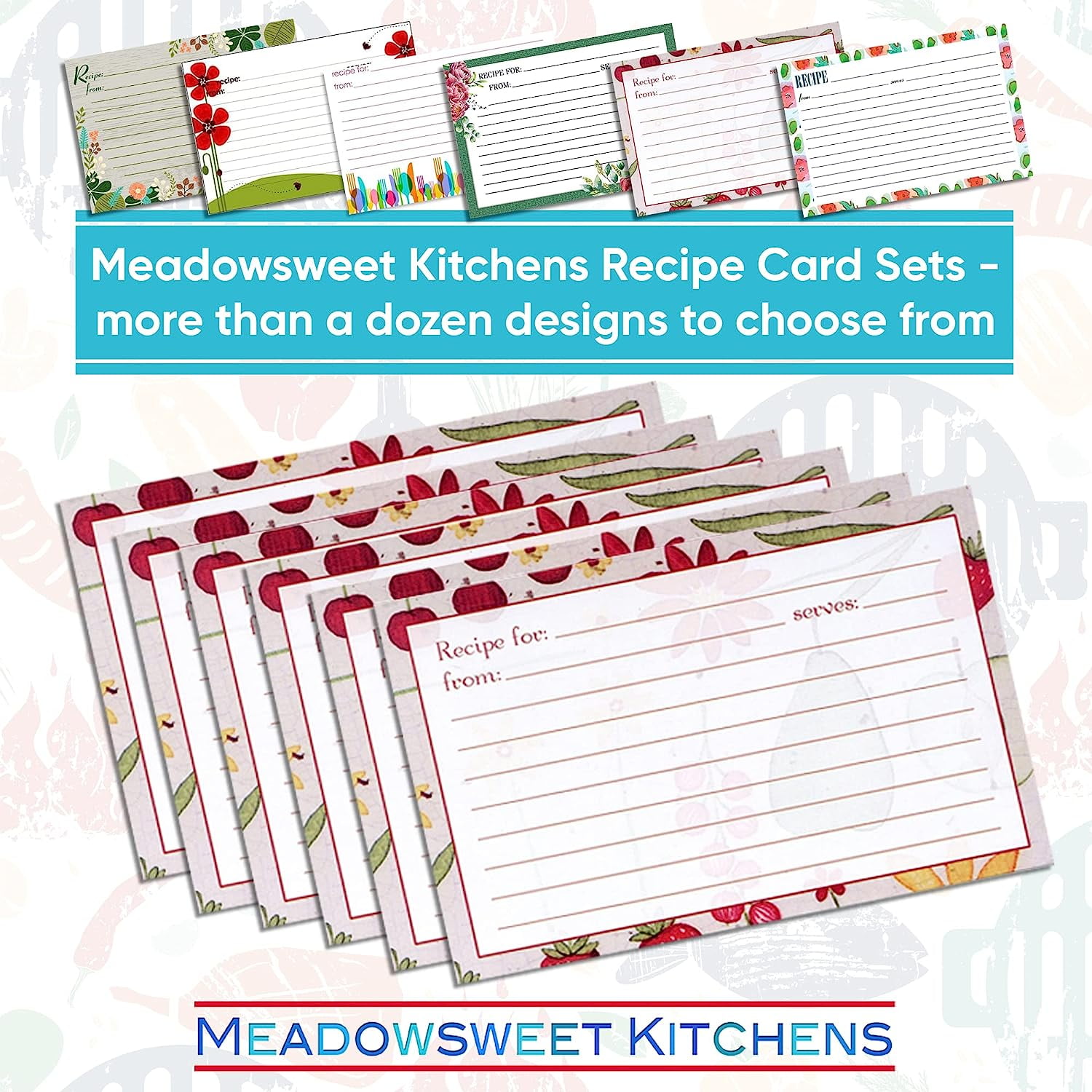 Meadowsweet Kitchens Recipe Card Set - 40 Double Sided Recipe Cards 4 x 6  Inch, Perfect Size Blank Cards for a Recipe Card Box, Make Your Own