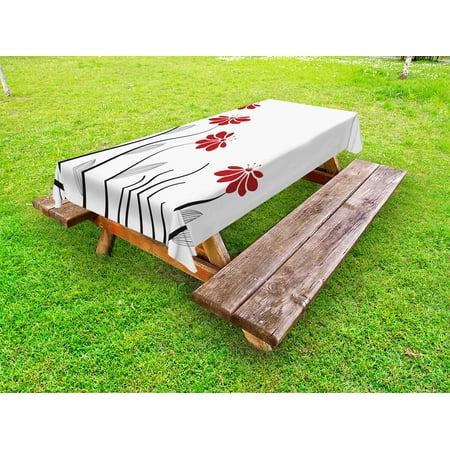 

Flower Outdoor Tablecloth Floral Petals with Striped Leaves and Lines Modern Style Geometrical Design Print Decorative Washable Fabric Picnic Tablecloth 58 X 104 Inches Red and Black by Ambesonne