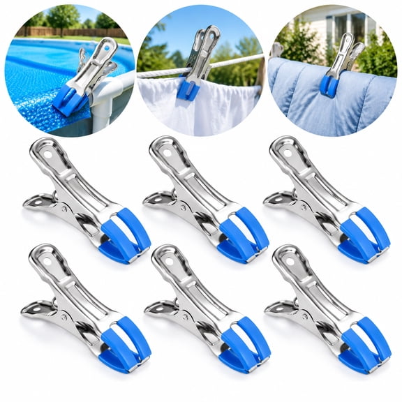 6 Pack Stainless Steel Pool Cover Clips, Large Windproof for Laundry and Quilt,