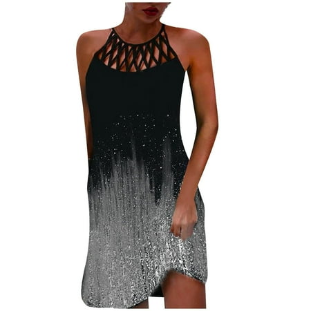 

Juebong Women s Fashion Round Neck Sleeveless Hollow 0ut Printed Sling Dress