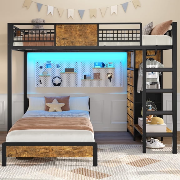Full Over Twin Bunk Bed with 8 Storage Drawers, Metal Loft Bed with Led Lights & Storage Shelves,13.4" HSafety Guardrail & Ladder,Bunk Beds Twin over Full Size,Black
