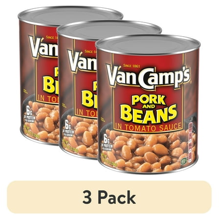 (3 pack) Van Camp's Pork and Beans, 6g Protein Per Serving, Canned Beans, 114 oz. Can