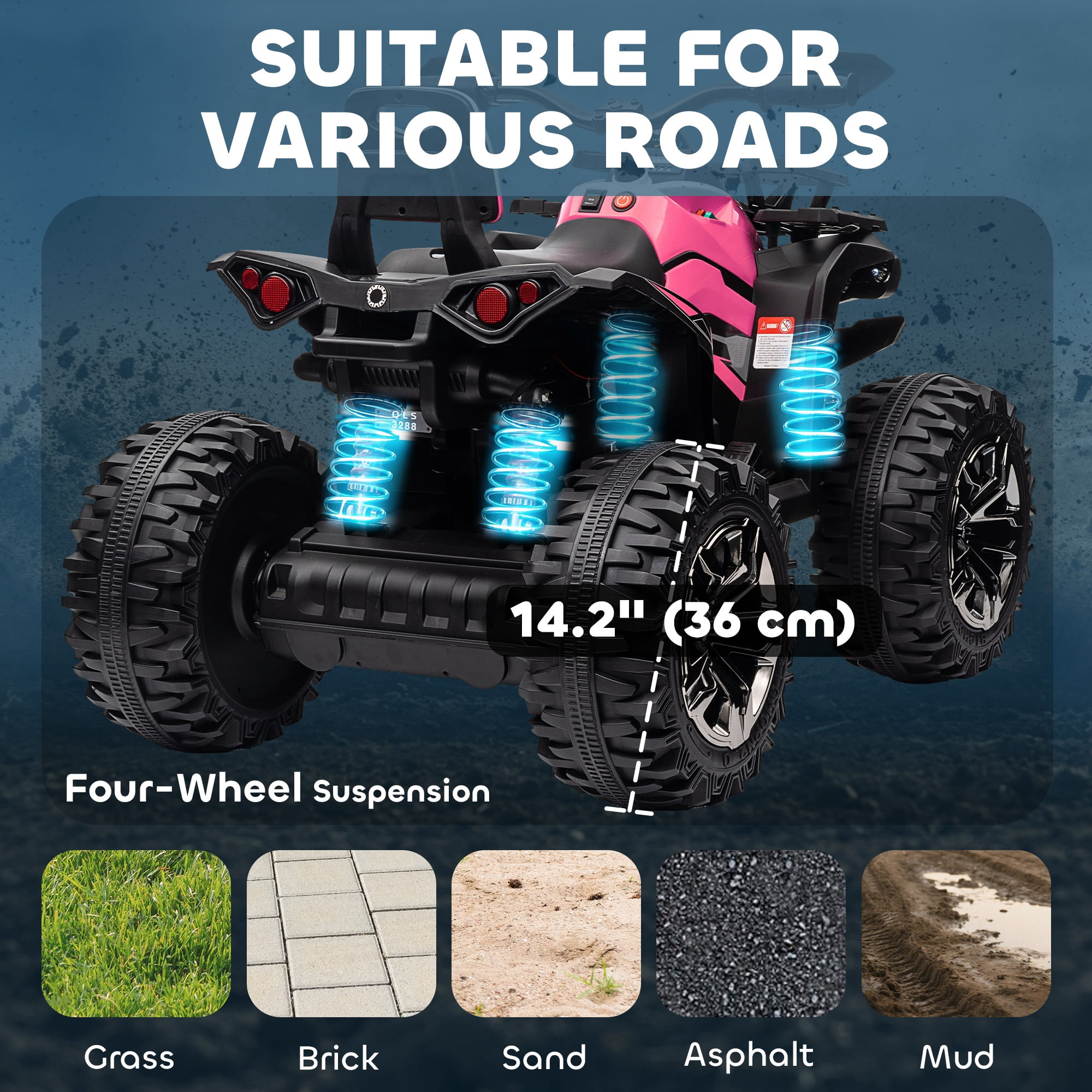 Aosom Kids ATV, 12V 4 Wheeler Ride on Quad Car Toy with Music, Headlights, Battery Powered Electric Vehicle for Boys and Girls, Pink