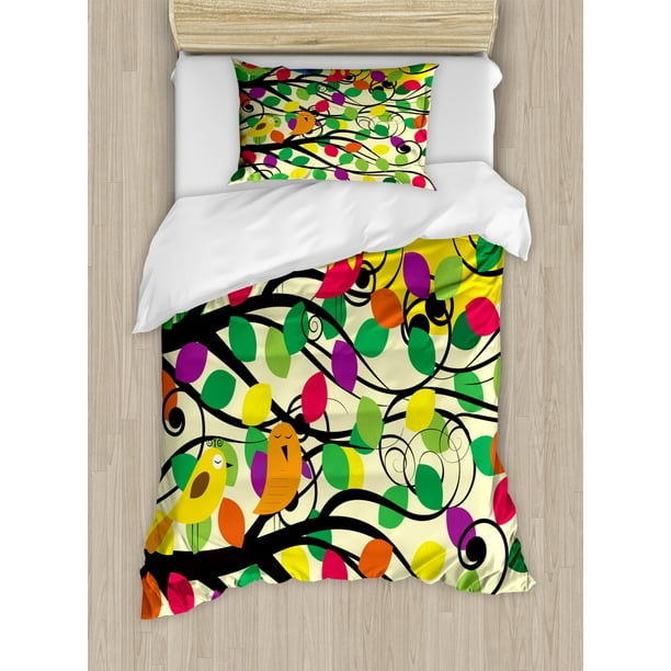 Birds Duvet Cover Set, Cheerful Happy Birds Singing on Lively Tree
