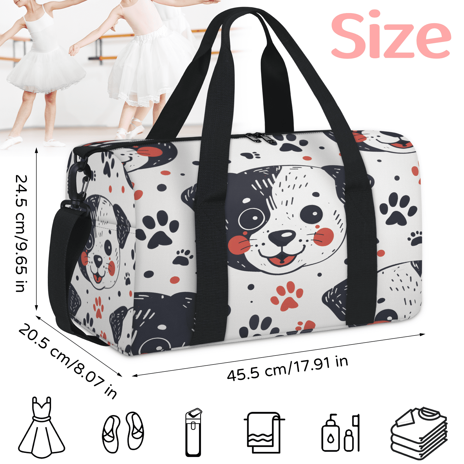 Herdesigns Funny Dog Gym Bag for Women, Duffle Bag for Travel Sport, Black Red Paw Lightweight Waterproof Carry on Weekender Dance Yoga Workout Bags