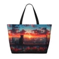thumbnail image 2 of KLL Cat Watching City Sunset Print Large Beach Tote Bag Women Waterproof Sandproof Zipper Beach Tote Bag for Pool Gym Grocery Travel with Wet Pocket, 2 of 7