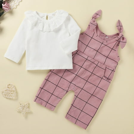 

Baby Onesies Deals Juebong Newborn Infant Baby Girls Solid Plaid Print Tops+Suspender Trousers Outfits Set Pink 80