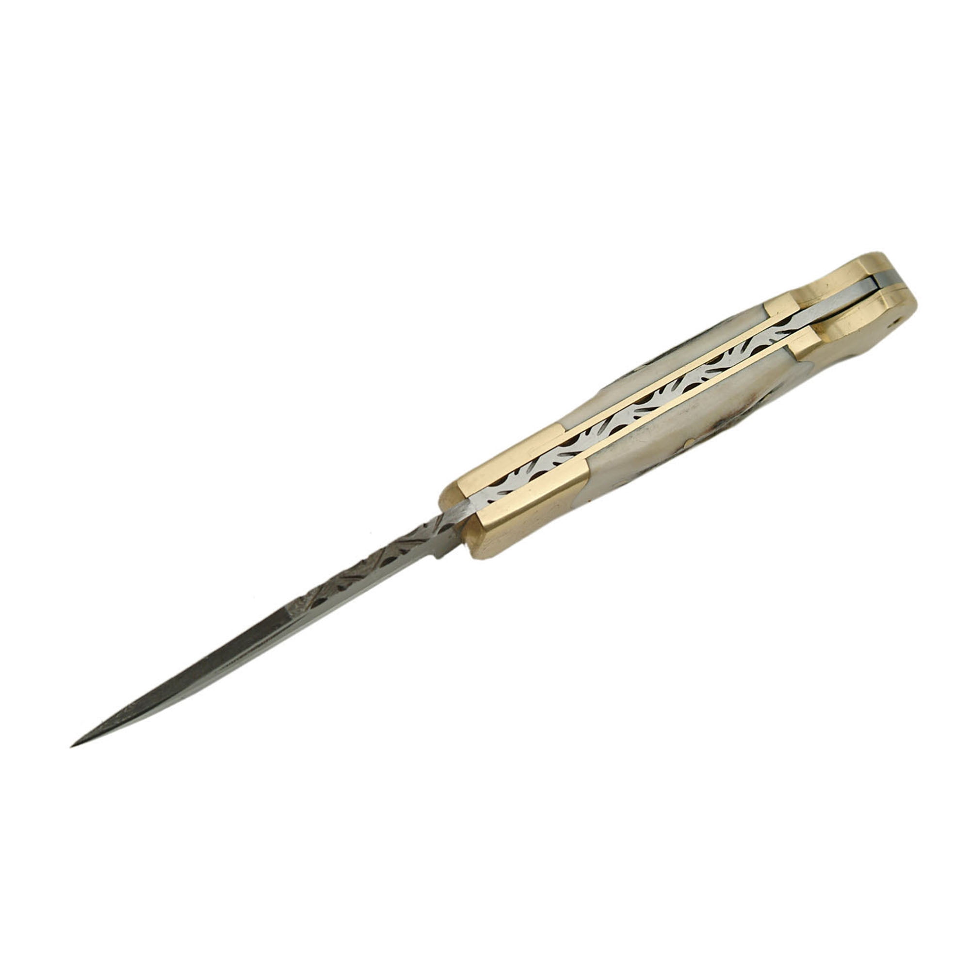 SANZ 4.25 Inch Curved Lockback Folding Utility Knife with Damascus Pattern Blade and Stag Handle",
