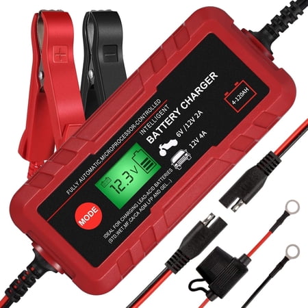 Adnoom 6V/12V 4A Automotive Smart Battery Charger, 70W Battery Maintainer IP65 Waterproof with LCD Digital Display for Car, Motorcycle, Lawn Mower, Boat, RV, SUV and ATV