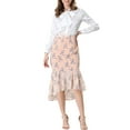 thumbnail image 2 of MODA NOVA Junior's Floral High-Low Ruffle Hem Midi Skirt Pink 3, 2 of 5