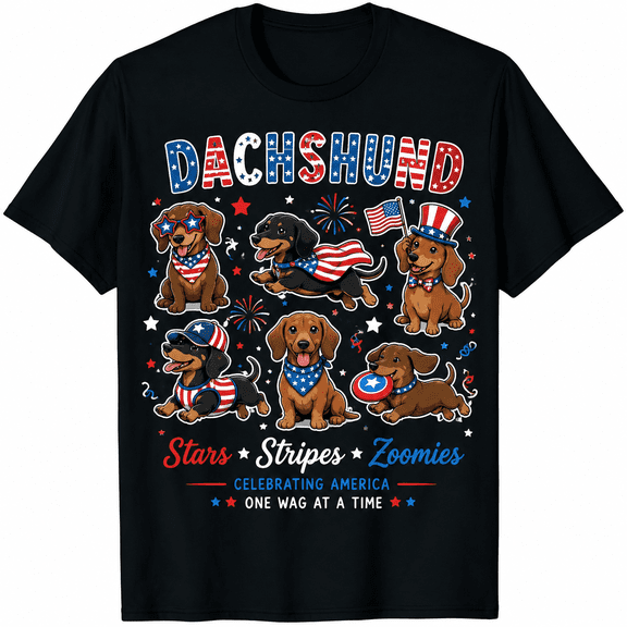 Funny Patriotic Dachshund T-Shirt for Women Men, Cute Wiener Dog 4th of July Graphic Tee, Stars Stripes Zoomies USA Independence Day Shirt, Red White Blue Dog Lover Gift