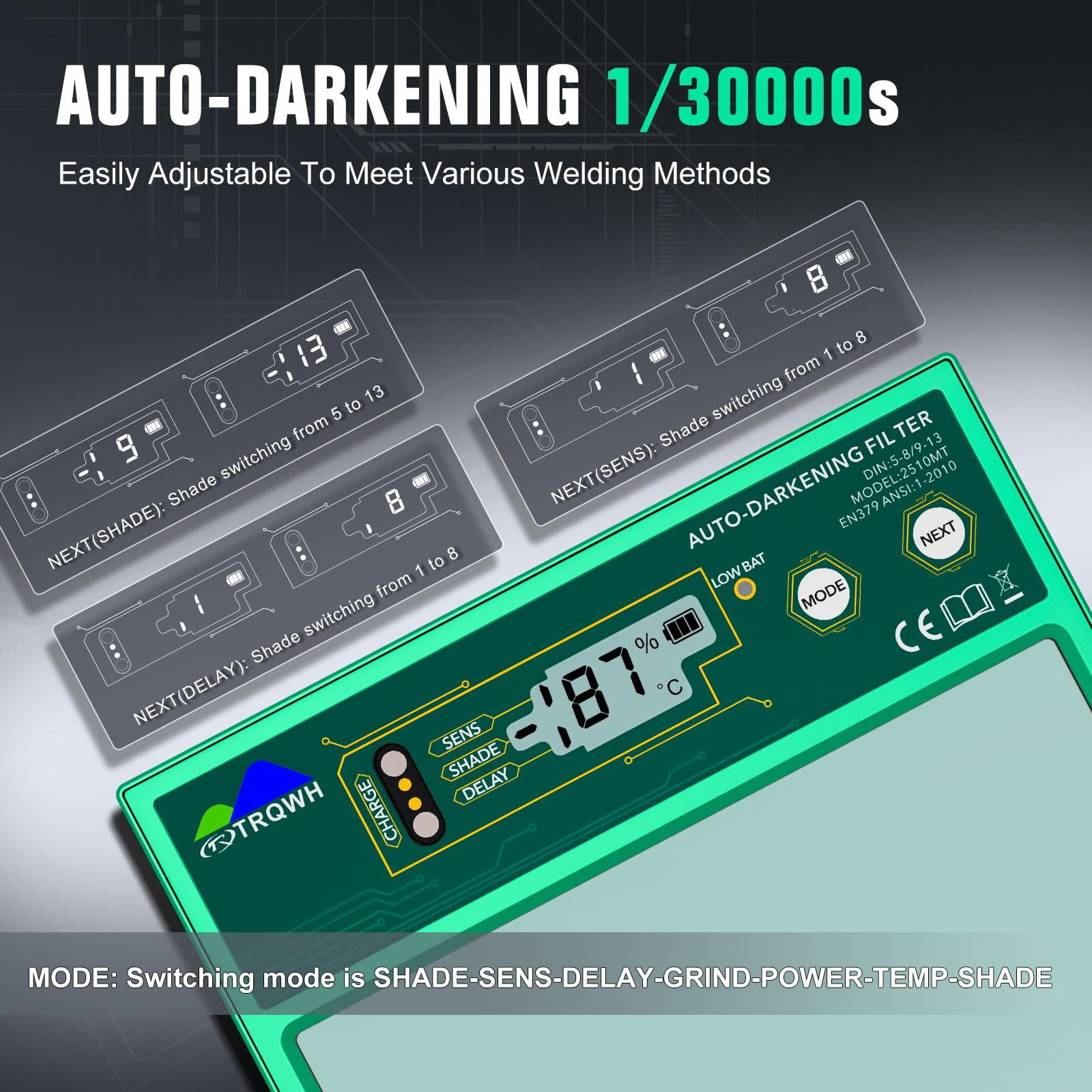 TRQWH Auto Darkening HD Digital Display Welding Lens 4.33x3.54in True Color Technology Welding Helmet Lens Adjustable Shade Range 4/5-13 Automatic Metal Welding Lens for Welding Hood Parts, Green