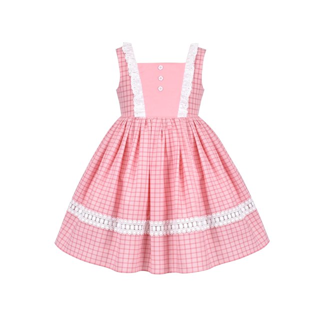 Girls Dress Backless Sweet Pink Plaid Rural Ruffle Lace Sleeveless 3 Years