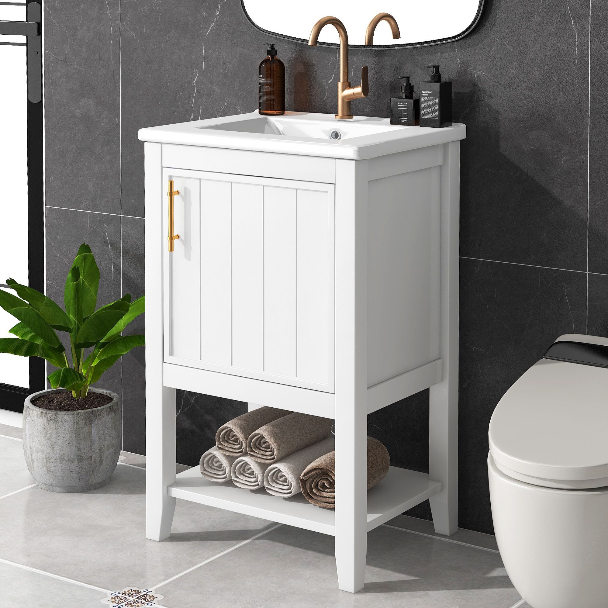 DEALTOPS Bathroom Vanity with Sink, Bathroom Vanity Cabinet with Open Shelf for Small Spaces, White