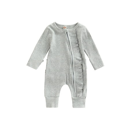 

Eyicmarn Infant Baby Girls Boys Romper Solid Color Ribbed Round Neck Long Sleeve Jumpsuits Ruffles Oblique Zipper One-Piece Clothes