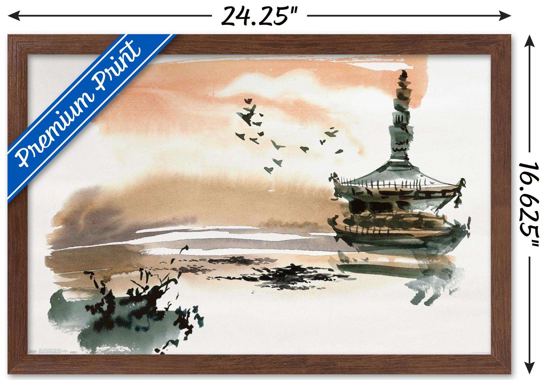 China Landscape with Pagoda Wall Poster, 14.725" x 22.375", Framed