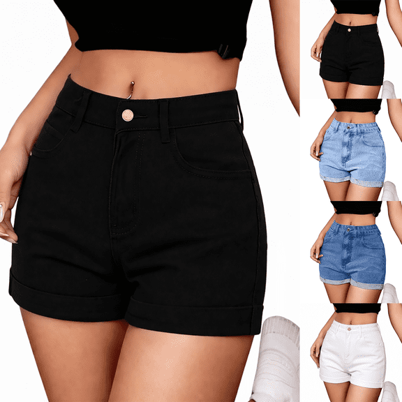 UDAUDU Womens Jean Shorts High Waisted Summer Elastic Folded Hem Hot Casual Denim Shorts Black 2XL