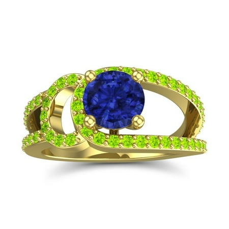 Diamond-Capitals 2.50 Carat Latest Design Round Cut Blue Sapphire & Peridot Gemstone Engagement Ring for her Solid 14K Yellow Gold Size 7