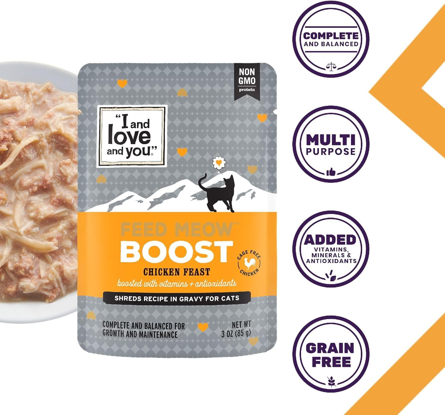 "I and love and you" Feed Meow Wet Cat Food, Boost Formula with Chicken, Vitamins and Antioxidants, Grain Free, No Fillers, 3 oz. Pouch