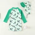 thumbnail image 3 of Rggeeun Boys Child Swimsuit Set 2Pc Color Block Design Cartoon Animal Pattern Front Zipper Elastic with Cover Up Hat for Summer Beach Lounging Casual Beachwear,Green,3-6 Months, 3 of 4
