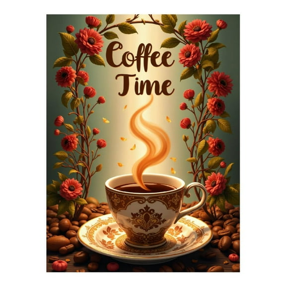 Diamond Art Kit for Adults, Elegant Coffee Floral Design Diamond Painting for Adults Beginners, DIY Diamond Art Painting Kits, 5D Diamond Painting Crafts for Home Decor 12x16 Frameless