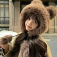 thumbnail image 4 of Toudaret Winter Hat with Scarf Bear Ear Decor Thick Faux Mink Hair Full Protection  Pure Color Headwear Outdoor Activities Cap, 4 of 8
