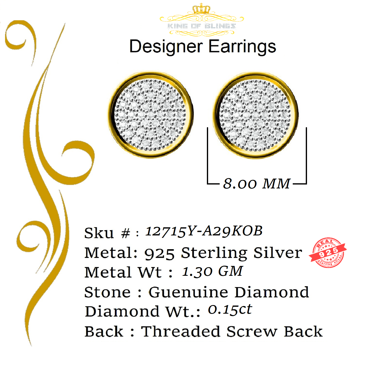 King of Bling's 925 Yellow Silver Hip Hop 0.15ct Diamond For Men's & Women's Round Stud Earrings