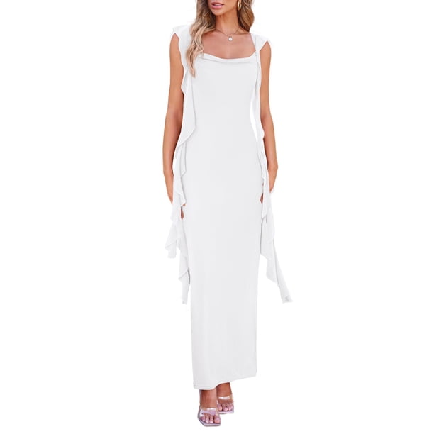 Vestido PRETTYGARDEN 2025 Maxi sin mangas con volantes blanco XL