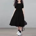 thumbnail image 2 of Miluxas Girls Boho Square Neck Puff Sleeve Smocked Tiered Casual A Line Short Mini Dress Black 11-12 Years, 2 of 5