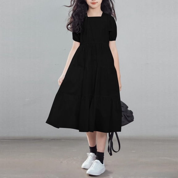 hengsof Girls Short Sleeve Dress Solid Color Square Neck Bubble Sleeve Ruched Casual Summer Dress for Kids Ages 5-16