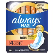 Always Maxi Overnight Pads with Wings, Size 4, Overnight, 16 Count
