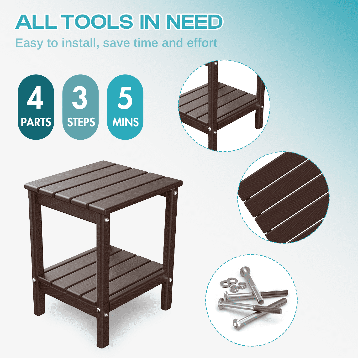 Pipopa Adirondack Outdoor Side Table,HDPE All Weather Double Layer Patio Side Table,Rectangular End Table for Garden Balcony Pool,BrownWood