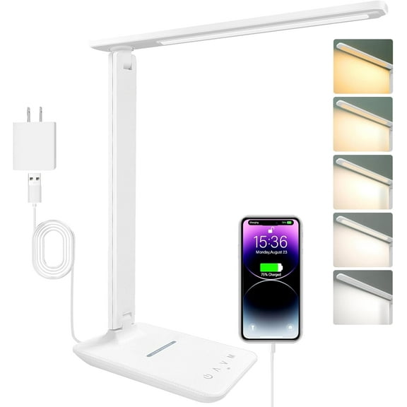 LED Desk Lamp Dimmable Table Lamp Reading Lamp with USB Charging Port, 5 Lighting Modes, Sensitive Control, 30/60 Minutes Timer (White, First-Generation)