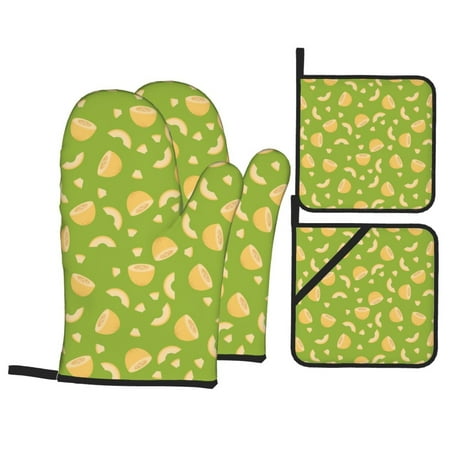 

Oven Mitts and Pot Holders 4 Piece Green Funny Cantaloupe High Heat Slip Resistant Oven Mitt and Trivets Set Kitchen Oven Glove Pot Holders for Cooking Baking Grilling