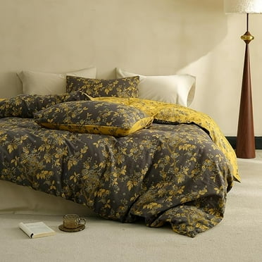 Muslin Duvet Cover Set King Size, 100% Washed Cotton 3 Pieces Yarn-Dyed Vintage Grey Floral Jacquard Textured Bedding, Soft & Breathable Gauze Comforter Cover with Zipper Closure