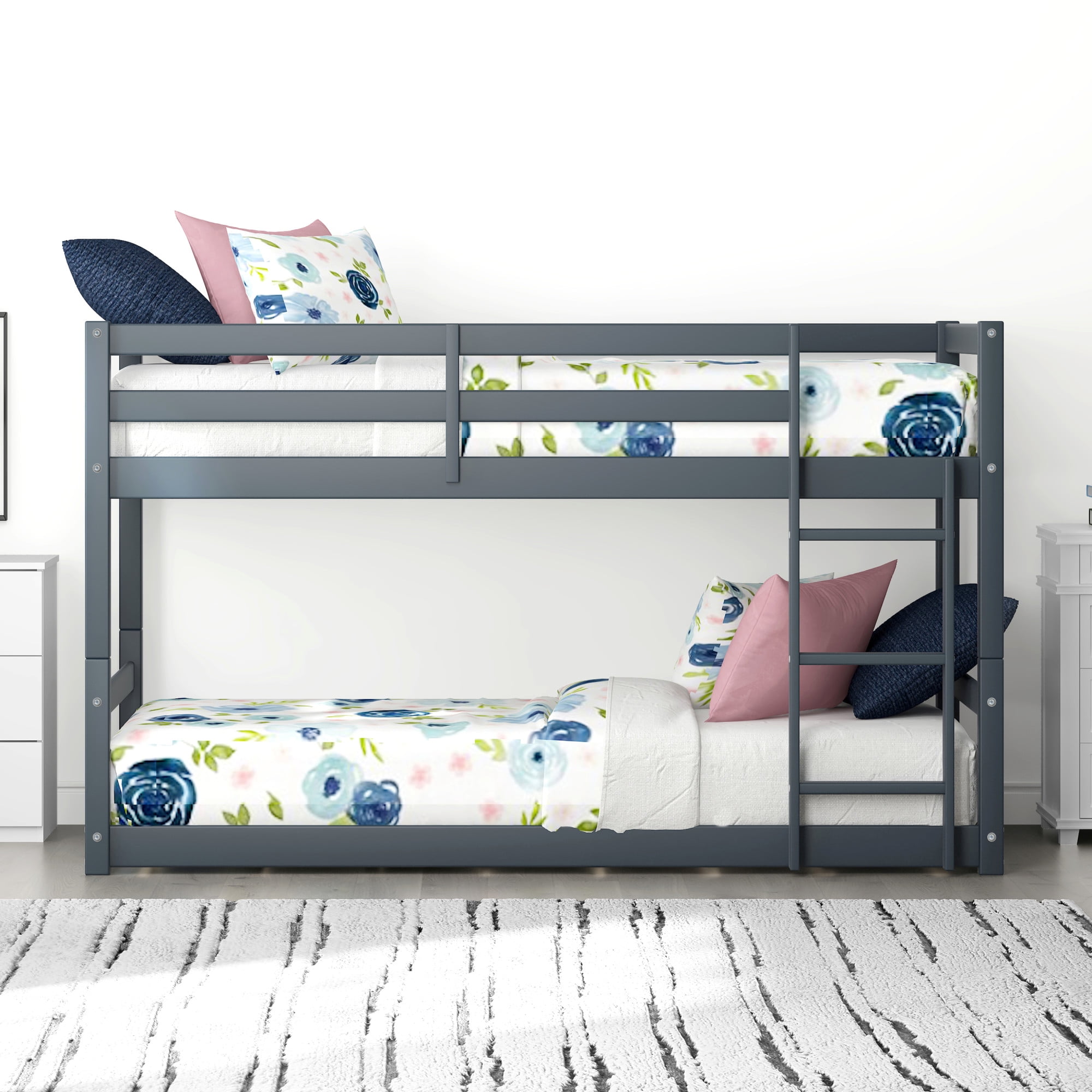 HH2 Home Essentials Campbell Wood Twin Over Twin Floor Bunk Bed, Navy